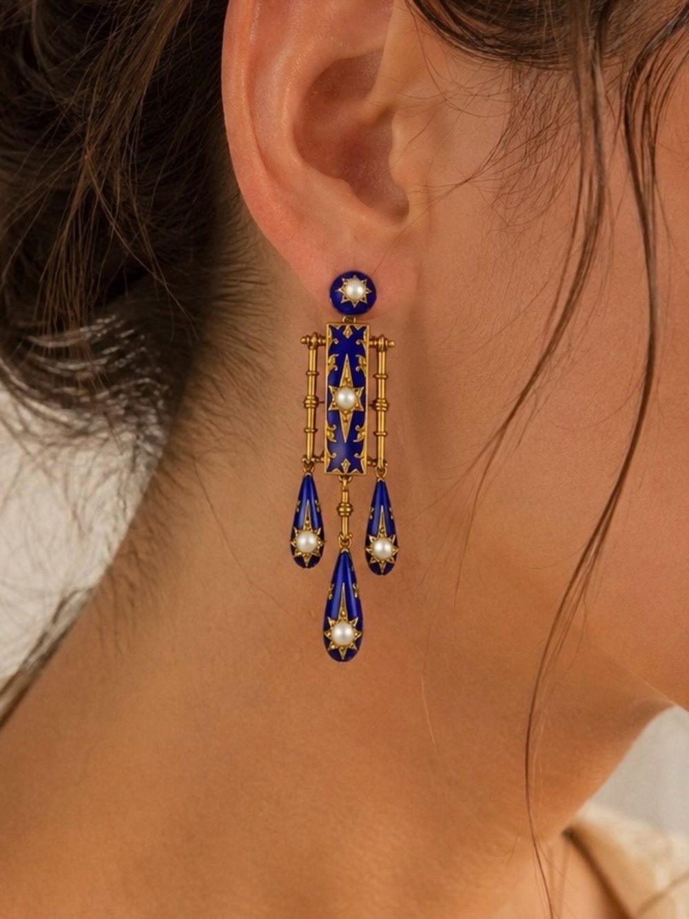 Blue Enamel Pearl Celestial Tassel Drop Earrings